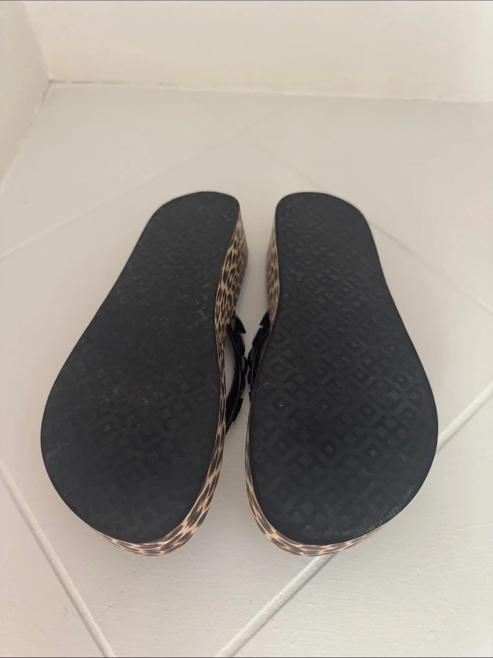 Tory Burch Leopard Print Wedge Sandals with Black Rhinestone Straps Size 6